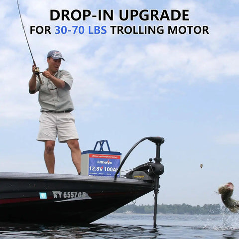 Fisherman on boat with 12V 100Ah LiFePO4 Battery With 100A BMS, 1280Wh, Up To 15000 Deep Cycles, Group 24 Size, visible for trolling motor