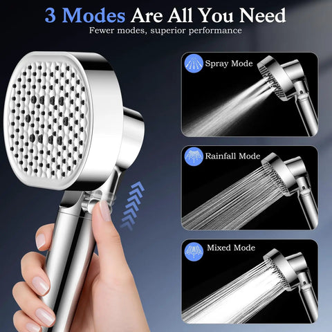 High Pressure Shower Head With Handheld Four Spray Modes Water Filtration Anti Clog Silicone Nozzles in three spray modes.
