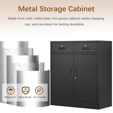 Heavy Duty Steel Storage Cabinet With Locking Doors And Two Drawers For Home Office Garage And School Use 36 Inch Tall Black Metal Cabinet