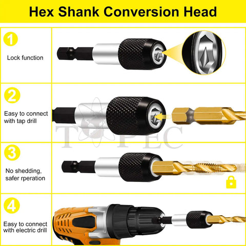 Hex shank conversion head for 3-In-1 Drill And Tap Set With HSS Titanium Coated Bits, Quick-Change Adapter, 13-Piece Kit details