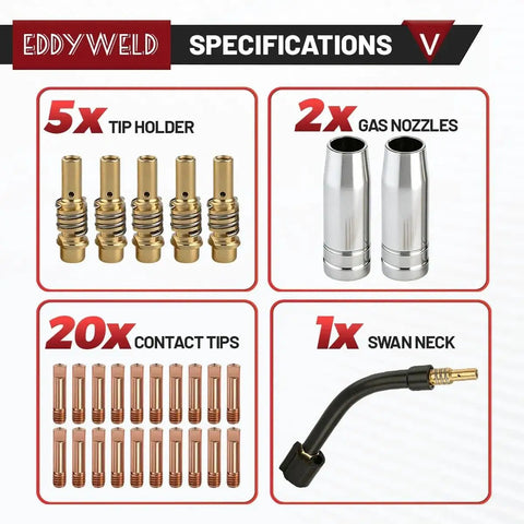 MIG Welder Gun Parts Kit 28 Pcs Titanium For Binzel Style AK15 Neck 0.030 Inch 0.8mm Tips Nozzles Tip Holders Swan Neck Pro Grade Gear For Durable Welds And Easy Repairs. 5 tip holders, 2 gas nozzles, 20 contact tips, 1 swan neck