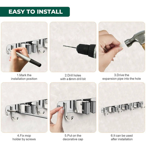 Installation steps for Stainless Steel Broom And Mop Wall Mount Organizer With Three Racks And Four Hooks Heavy Duty Space Saver