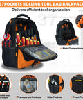 Rolling Tool Backpack With Wheels, Heavy Duty 37 Pocket Organizer For Electricians, Contractors, HVAC Pros, Durable Orange Gear Bag