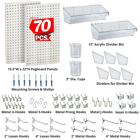 Beast Pegboard Organizer Kit With Wall Mount Panels And Assorted Hooks And Bins For Bedroom Craft Room Study Office Or Garage 27x22 White Durable Pegboard System With Mounting Hardware shown in pieces