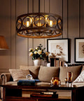 Black 22 Inch Drum Chandelier With Wood Grain Finish Modern Farmhouse Pendant Light Dope 5 Lights Round Hanging Fixture
