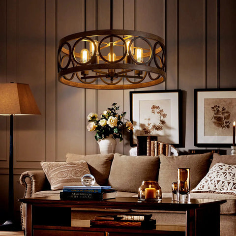 Black 22 Inch Drum Chandelier With Wood Grain Finish Modern Farmhouse Pendant Light Dope 5 Lights Round Hanging Fixture