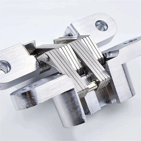Built Tough Hidden Cabinet Hinges With Silky Smooth Glide Track For Folding Doors And Wood Boxes 180 Degree Swing Seamless Flush Install Satin Silver Finish Includes All Mounting Screws close-up view of hinge mechanism.
