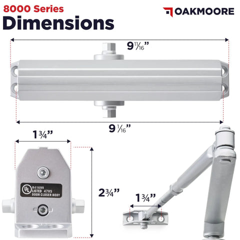 Heavy Duty Commercial Door Closer Built Like a Tank for High Traffic Spaces with Ada Compliant UL Grade One Rating dimensions diagram showing size measurements.