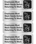 Employees Must Wash Hands Before Returning to Work Sign, 4 Pack, Rust-Free Brushed Aluminum Symbol Signage with self-adhesive backing