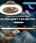 Modern Low Profile Bladeless Ceiling Fan With Lights And Remote For Bedroom 22 Inch Flush Mount Enclosed Ceiling Fan in use at night, showing quiet operation benefits.