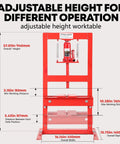 Front view of 6 Ton Hydraulic H Frame Shop Press With Adjustable Table And Stamping Plates For Auto Repair And Metalworking In Garage Use Beefy Workhorse For Bearing Removal U Joint Installations And Straightening Projects Red, showing adjustable height measurements.