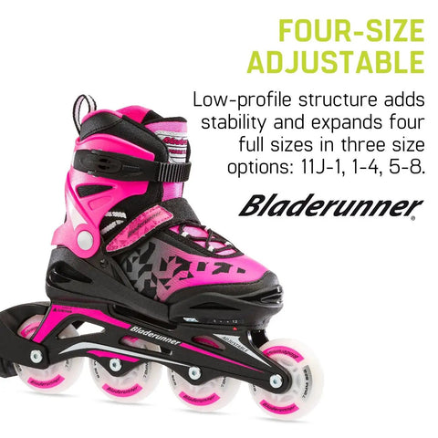 Light Up Wheels Kids Inline Skates With Adjustable Four Size Fit, Cushioned Support For Balance And Control, in Black and Pink