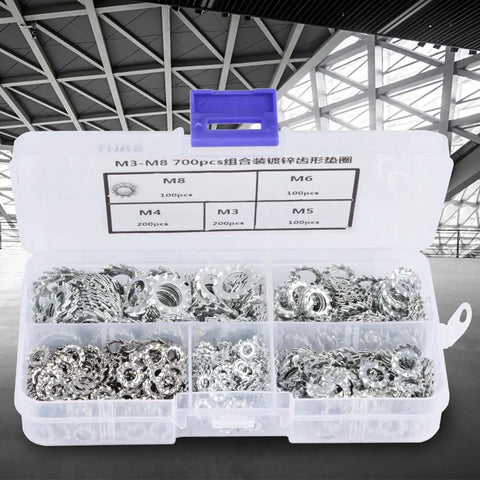 Heavy Duty Galvanized Serrated Lock Washer Set 700-Piece Fastening Kit M3 M4 M5 M6 M8 in organized plastic case