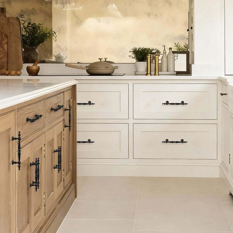 6 Pack Matte Black Vintage Cabinet Pulls Measuring 6 Inches Long With 3 75 Inch Hole Spacing on white kitchen cabinetry.