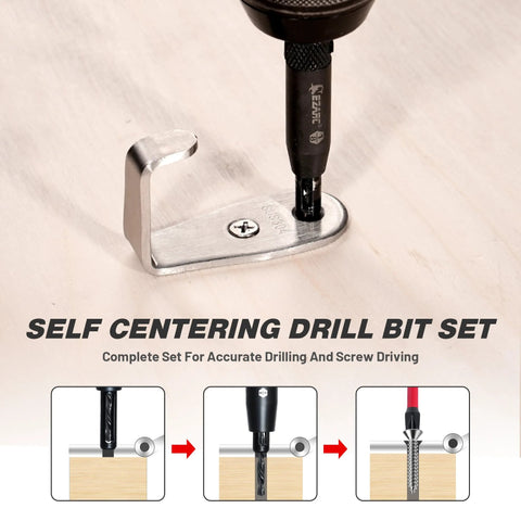 EZARC self-centering drill bit set with metal drill guide on wood surface