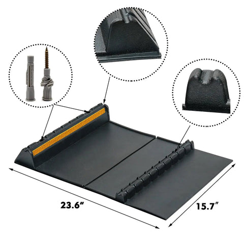 Self Adhesive Anti Skid Rubber Car Parking Guide Mat 2 Pack With Reflective Strips For Cars And Trucks Durable Garage Wheel Stopper 23.6 X 15.7 X 2.8 Inches Easy Install Reusable with close-up inserts showing dimensions and texture.