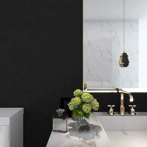 Transform Your Space With This Sleek Black Silk Textured Peel And Stick Wallpaper Thats Super Easy To Apply And Remove in bathroom setting