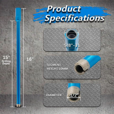 Wet Diamond Core Drill Bits For Concrete And Masonry With Rebar 6 1 2 Inch Size 15 Inch Drilling Depth, specifications view.