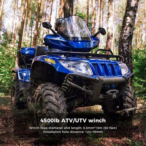 ATV with 12V 4500lb Electric Winch With Synthetic Rope in forest, showing winch, durable polyethylene rope, and mounting bracket