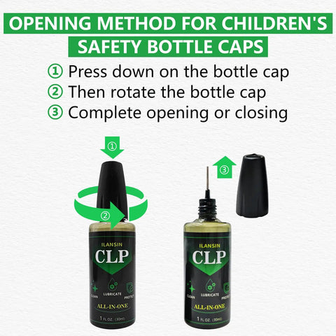 Safety cap instructions for 9mm Bore Cleaner And Pro Grade 5 Oz CLP Oil Gun Cleaning Kit with Gun Snake Patches.