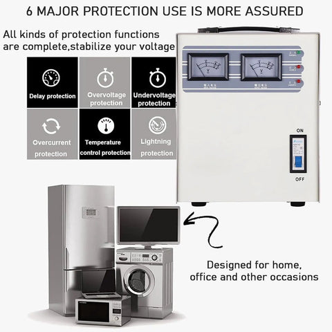 Rugged Single Phase AC Power Conditioner And Voltage Regulator Keeping Your Home Gear Running Smooth With Automatic Stabilizer 220V Badass Clean Power Five KVA Capacity with appliances and voltage protection features.