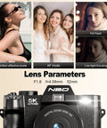 5K Vlogging Camera With 180 Degree Flip Screen And 16x Zoom, 64MP Photos, featuring AF mode, fill flash, low-light focusing, and lens specs