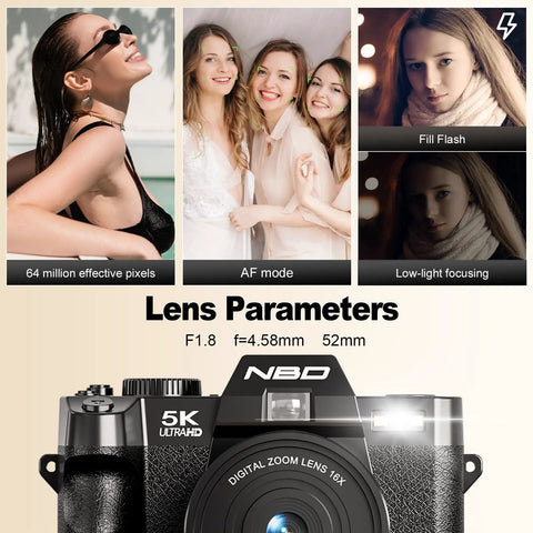 5K Vlogging Camera With 180 Degree Flip Screen And 16x Zoom, 64MP Photos, featuring AF mode, fill flash, low-light focusing, and lens specs