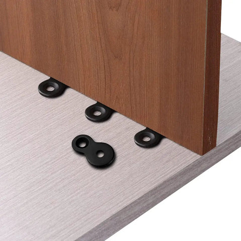 Heavy Duty Figure 8 Fastener Kit for Table Tops and Desks, showing black desktop clips securing tabletop to wooden panel.