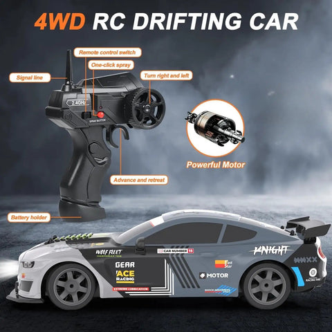 One Sixteenth Scale RC Drift Car With 4WD Power, remote control and powerful motor displayed, showing features for racing.