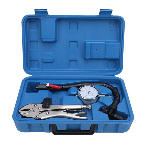 Badafaci disc brake rotor flatness dial-indicator kit in blue carrying case with pliers and flexible-arm gauge