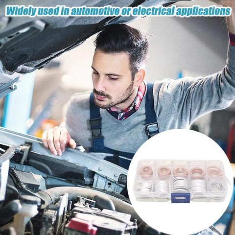 Mechanic working on car engine with overlay of Oil Drain Plug Crush Washer Set With Copper Aluminum Gaskets 10Mm 12Mm 14Mm 16Mm 18Mm Universal Fit For Auto Engine Oil Pan Sealing Kit 100Pcs Premium Leak Proof Replacement DIY Ready.