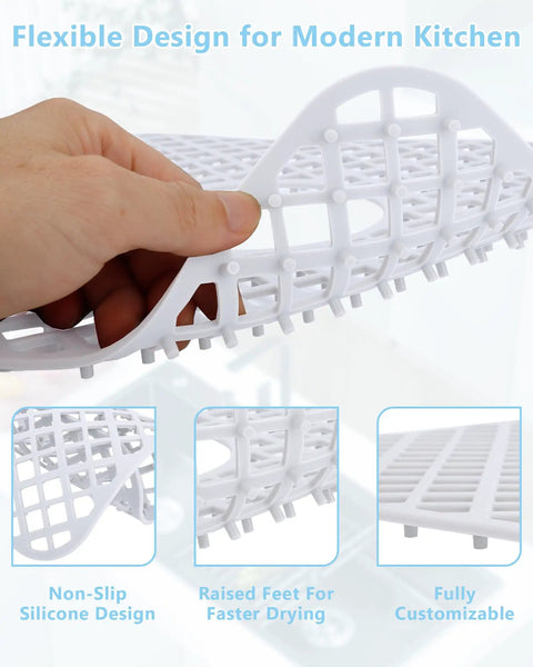 Close-up of person holding Two Pack Silicone Sink Protectors For Kitchen Sink With Trellis Pattern, 13 By 11 Inches, White.