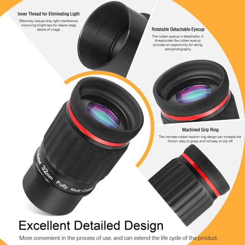 2 Inch Swa 70 Degree 32mm Eyepiece With M43x0.75 Male Thread, showing detailed design features including detachable eyecup and grip ring