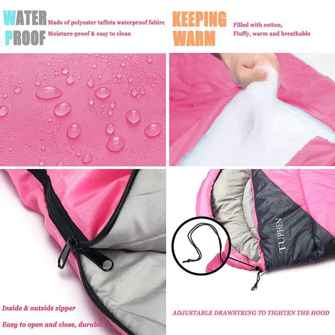 All Season Sleeping Bag For Adults And Kids, Lightweight Waterproof Microfiber Liner, pink color with adjustable hood drawstring