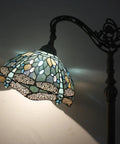 Lit Showpiece Tiffany Style Reading Floor Lamp With Sea Blue Stained Glass And Crystal Bead Dragonfly Shade 64 Inch Tall Bronze Base