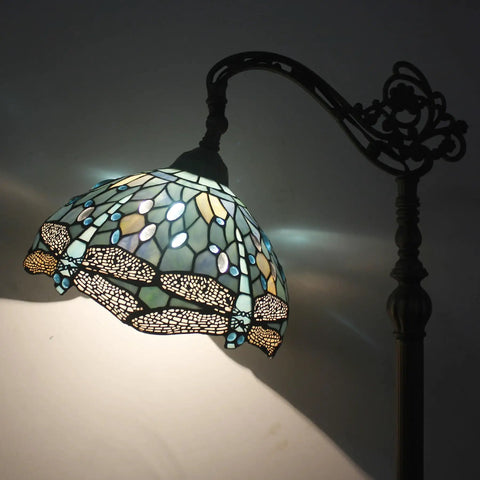 Lit Showpiece Tiffany Style Reading Floor Lamp With Sea Blue Stained Glass And Crystal Bead Dragonfly Shade 64 Inch Tall Bronze Base