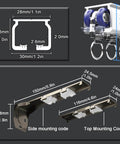 Detailed dimensions and mounting options for heavy duty double curtain rail with thick aluminum alloy track and rings.