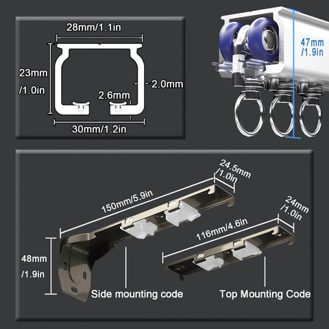 Detailed dimensions and mounting options for heavy duty double curtain rail with thick aluminum alloy track and rings.