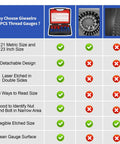 Comparison table showing 44 Piece Nut And Bolt Thread Gauges Set with open case, circular gauges, and metal scale details.