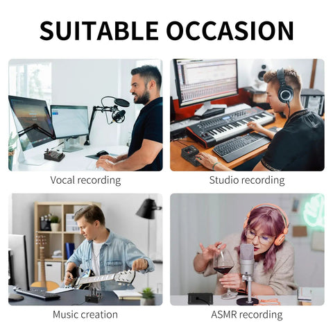 USB Audio Interface For PC With XLR And 3.5mm Microphone Jack For Home Studio Recording, USB Sound Card With Ultra Low Latency And Plug And Play, 16-Bit 48kHz Phantom Power, Q-12 used for vocal, studio, music creation and ASMR recording