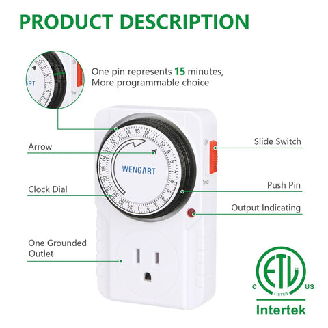 Straightforward Setup 24 Hour Mechanical Plug In Timer With Multiple On Off Cycles Heavy Duty 15 Amp Indoor Outlet Switch design features clock dial and slide switch.