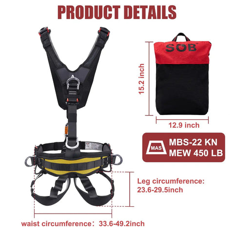 Full Body Climbing Harness With Inverted Capability, showing dimensions and strength ratings, includes storage bag.