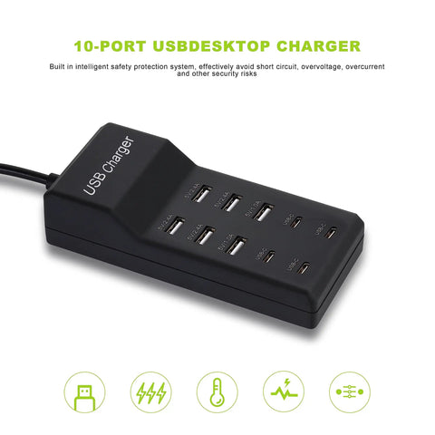 50W 10 Port USB Charging Station With 6 USB A Ports And 4 USB C Ports All In One Fast Charger For iPhone 15 14 13 12 11 X 8 7 6 Watches Tablets And Smartphones Black shown on white background