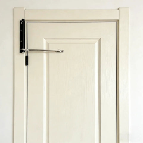 Heavy Duty Stainless Steel Door Closer for Home Use installed on wooden door with adjustable safety spring and catch speed.
