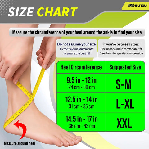 Size chart for compression sleeve for plantar fasciitis and ankle pain relief with foot arch support and adjustable ankle brace