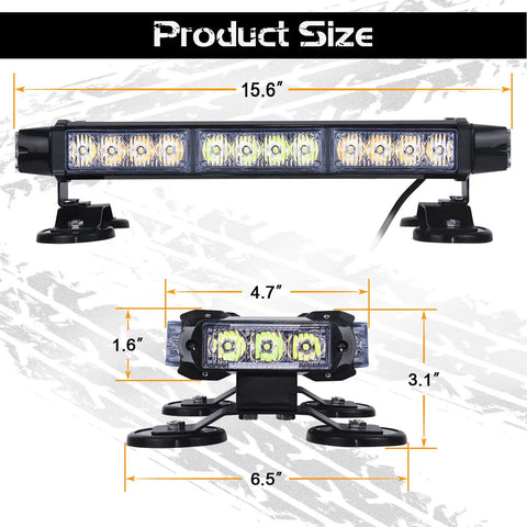 Double Sided 30 LED Strobe Light Bar With Ultra Bright Amber And White Emergency Beacon Magnetic Roof Mount, product dimensions.