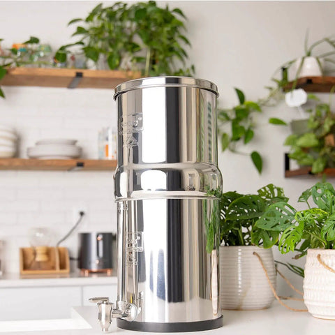 Gravity-Fed Water Filter System With Two High-Capacity Filtration Elements And Deluxe 7-Inch Stainless Steel Water View Spigot in kitchen