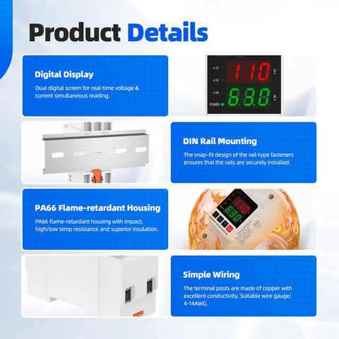 Smart Voltage Protector For 110V Homes Adjustable 1 To 63A Circuit Breaker showing digital display and DIN rail mounting features.