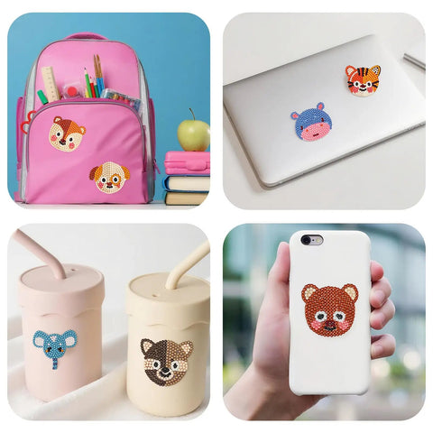 Easy Diamond Art Kit With Tools For Beginners stickers on backpack, laptop, mugs, and phone case; colorful animal designs.
