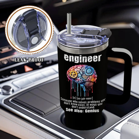 Insulated Tumbler 40 Oz For Engineers with colorful brain design in car cup holder, text defines engineer, features leak-proof lid